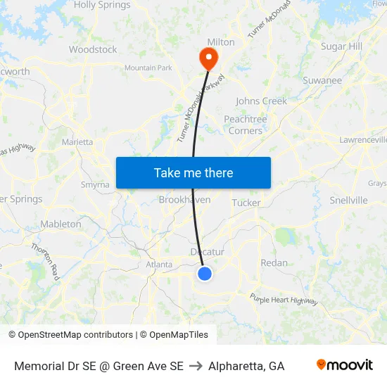 Memorial Dr SE @ Green Ave SE to Alpharetta, GA map