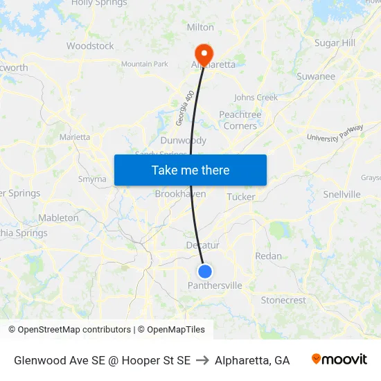 Glenwood Ave SE @ Hooper St SE to Alpharetta, GA map