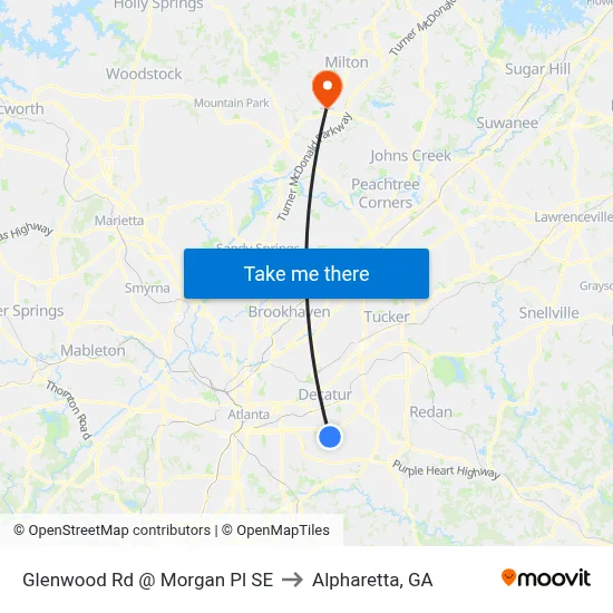 Glenwood Rd @ Morgan Pl SE to Alpharetta, GA map