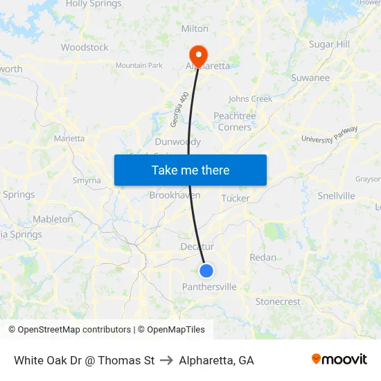 White Oak Dr @ Thomas St to Alpharetta, GA map