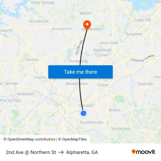 2nd Ave @ Northern St to Alpharetta, GA map