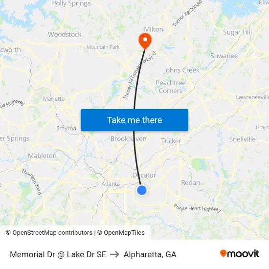 Memorial Dr @ Lake Dr SE to Alpharetta, GA map