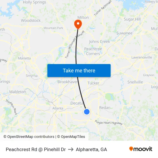 Peachcrest Rd @ Pinehill Dr to Alpharetta, GA map