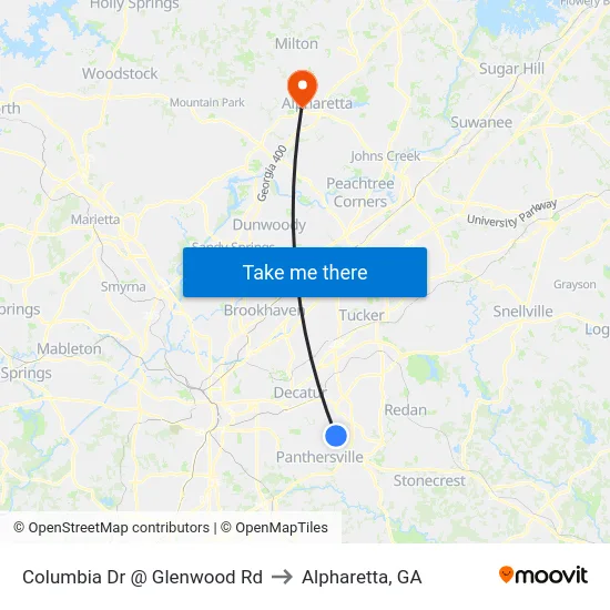 Columbia Dr @ Glenwood Rd to Alpharetta, GA map