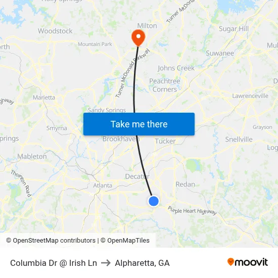 Columbia Dr @ Irish Ln to Alpharetta, GA map