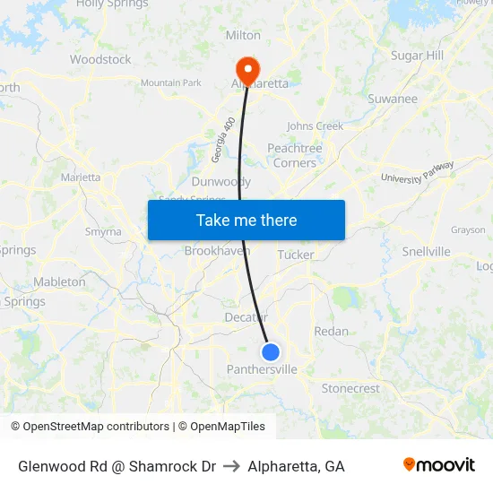 Glenwood Rd @ Shamrock Dr to Alpharetta, GA map