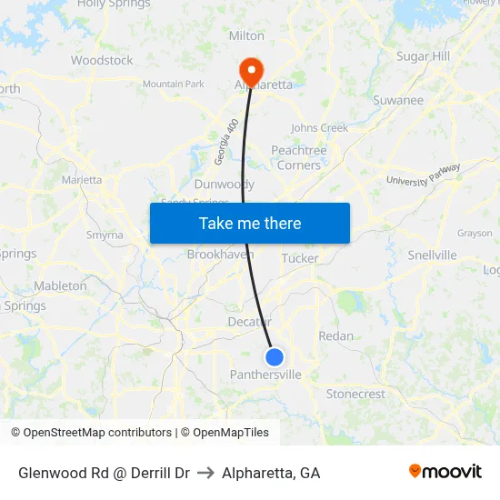 Glenwood Rd @ Derrill Dr to Alpharetta, GA map