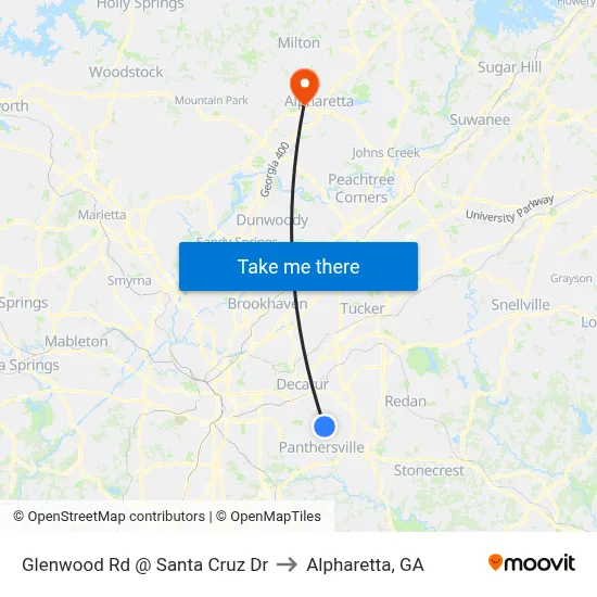 Glenwood Rd @ Santa Cruz Dr to Alpharetta, GA map