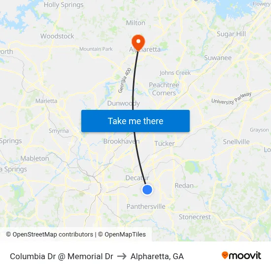Columbia Dr @ Memorial Dr to Alpharetta, GA map