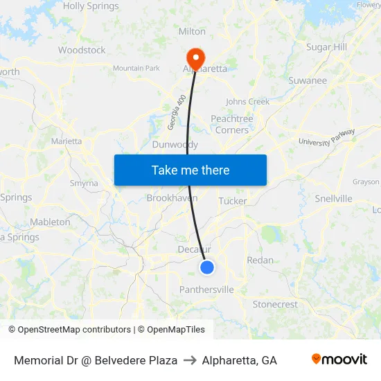 Memorial Dr @ Belvedere Plaza to Alpharetta, GA map