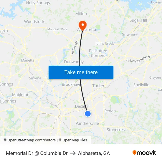 Memorial Dr @ Columbia Dr to Alpharetta, GA map