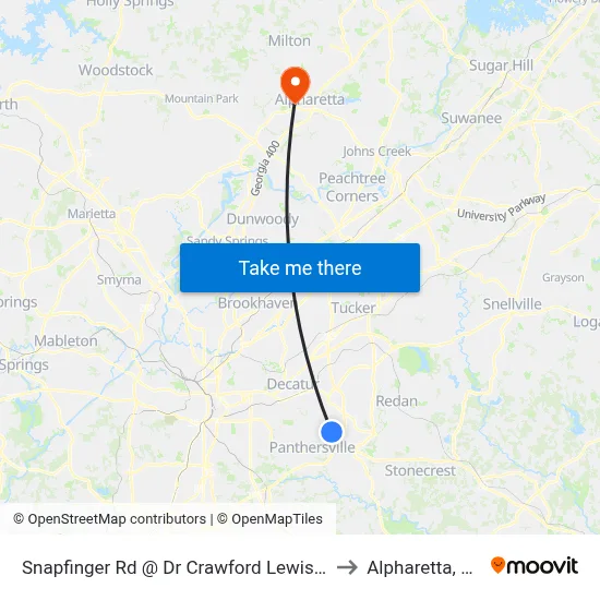 Snapfinger Rd @ Dr Crawford Lewis Dr to Alpharetta, GA map