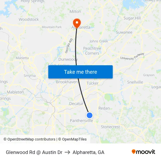 Glenwood Rd @ Austin Dr to Alpharetta, GA map