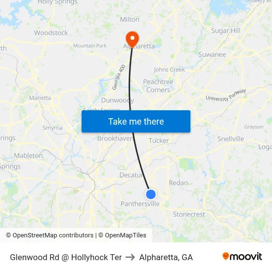 Glenwood Rd @ Hollyhock Ter to Alpharetta, GA map