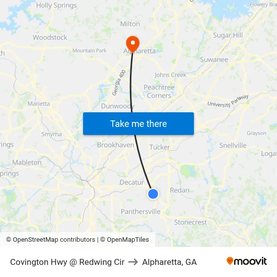 Covington Hwy @ Redwing Cir to Alpharetta, GA map