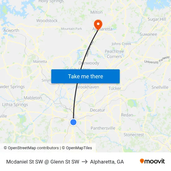 Mcdaniel St SW @ Glenn St SW to Alpharetta, GA map