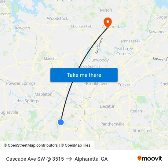 Cascade Ave SW @ 3515 to Alpharetta, GA map
