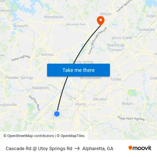 Cascade Rd @ Utoy Springs Rd to Alpharetta, GA map