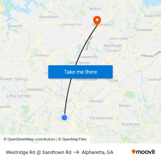 Westridge Rd @ Sandtown Rd to Alpharetta, GA map