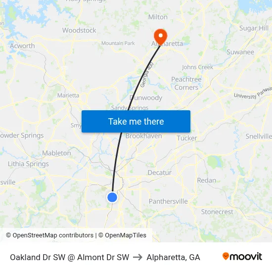 Oakland Dr SW @ Almont Dr SW to Alpharetta, GA map