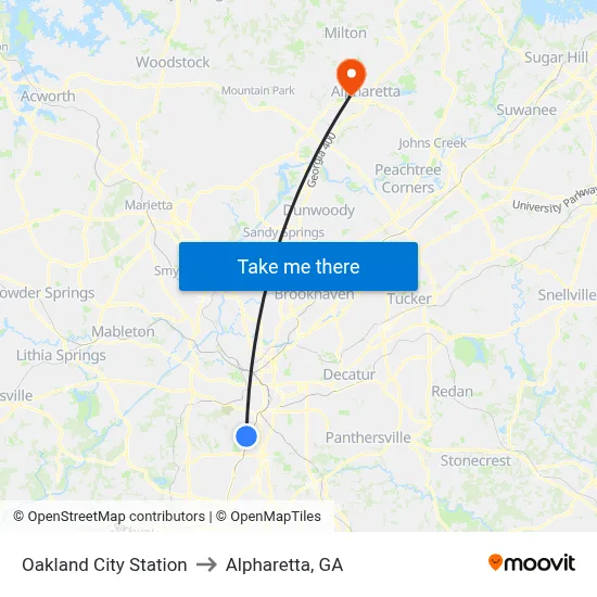 Oakland City Station to Alpharetta, GA map