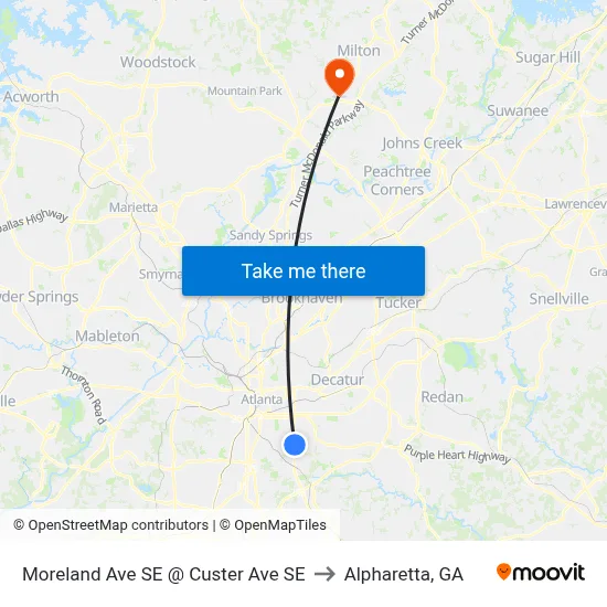 Moreland Ave SE @ Custer Ave SE to Alpharetta, GA map
