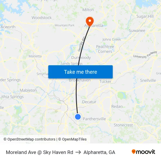 Moreland Ave @ Sky Haven Rd to Alpharetta, GA map