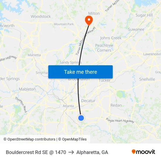 Bouldercrest Rd SE @ 1470 to Alpharetta, GA map