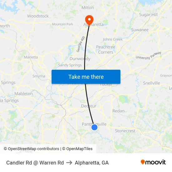Candler Rd @ Warren Rd to Alpharetta, GA map