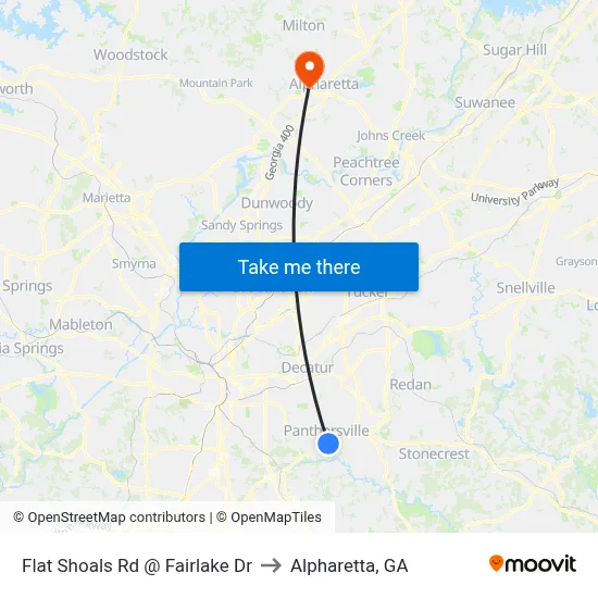 Flat Shoals Rd @ Fairlake Dr to Alpharetta, GA map