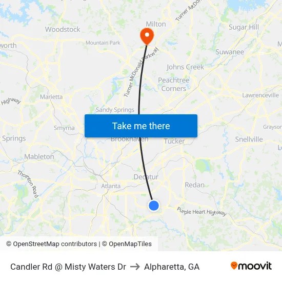 Candler Rd @ Misty Waters Dr to Alpharetta, GA map