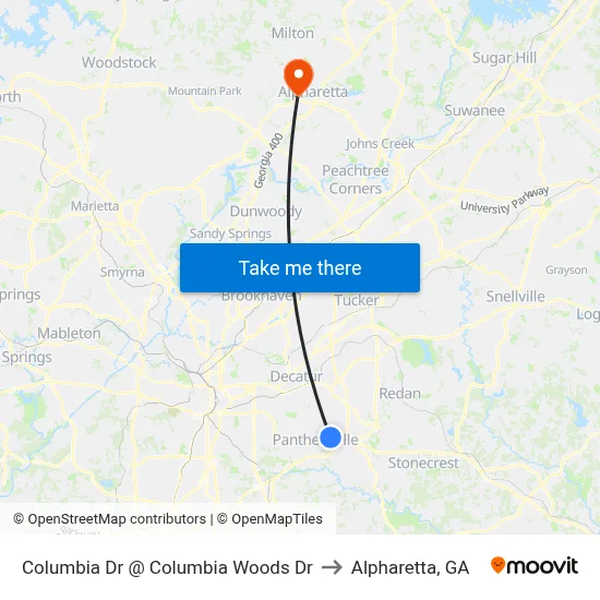 Columbia Dr @ Columbia Woods Dr to Alpharetta, GA map