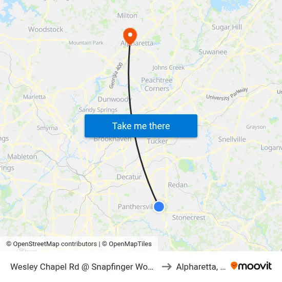 Wesley Chapel Rd @ Snapfinger Woods Dr to Alpharetta, GA map