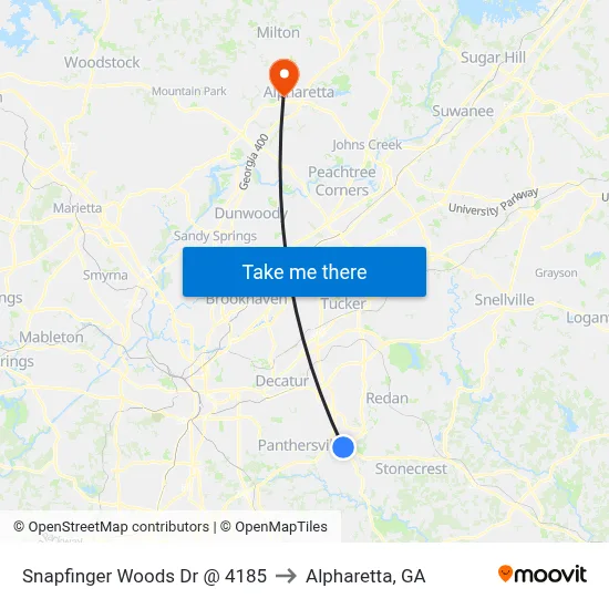 Snapfinger Woods Dr @ 4185 to Alpharetta, GA map