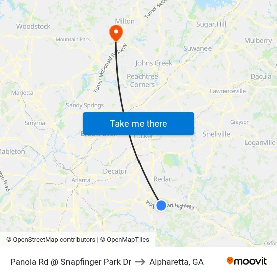 Panola Rd @ Snapfinger Park Dr to Alpharetta, GA map