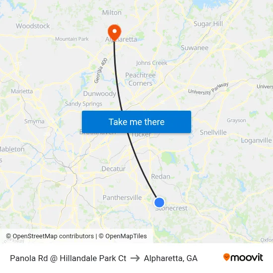 Panola Rd @ Hillandale Park Ct to Alpharetta, GA map