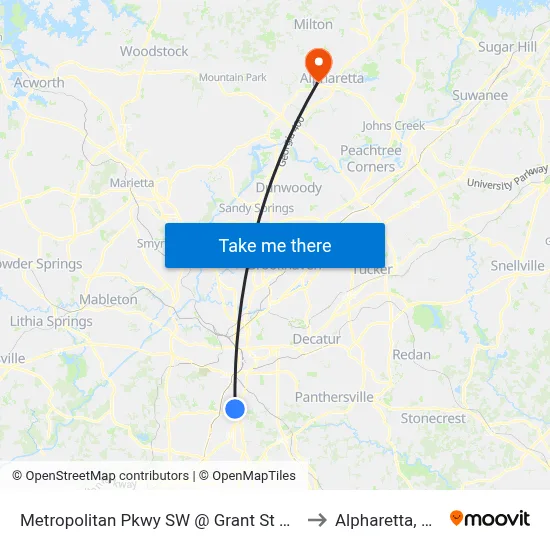 Metropolitan Pkwy SW @ Grant St SW to Alpharetta, GA map