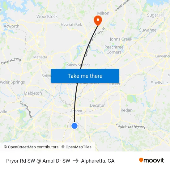 Pryor Rd SW @ Amal Dr SW to Alpharetta, GA map