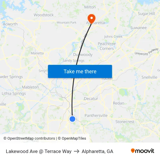 Lakewood Ave @ Terrace Way to Alpharetta, GA map