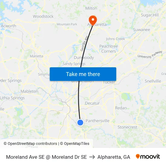 Moreland Ave SE @ Moreland Dr SE to Alpharetta, GA map