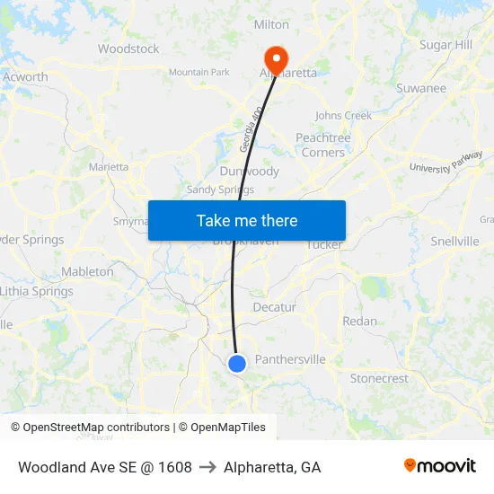 Woodland Ave SE @ 1608 to Alpharetta, GA map