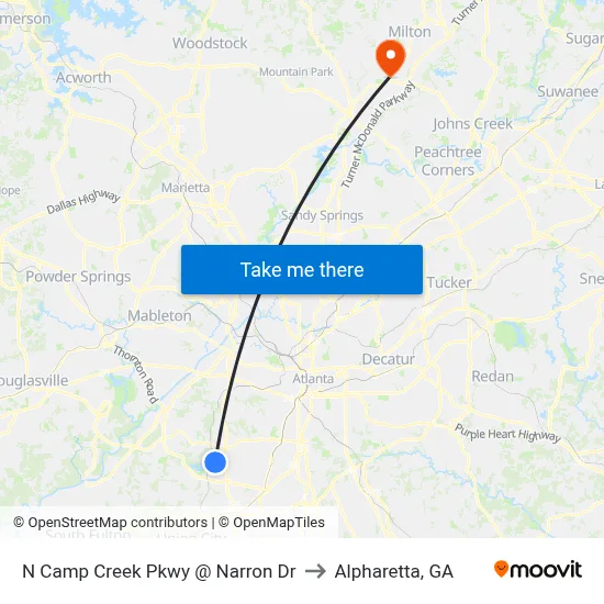 N Camp Creek Pkwy @ Narron Dr to Alpharetta, GA map