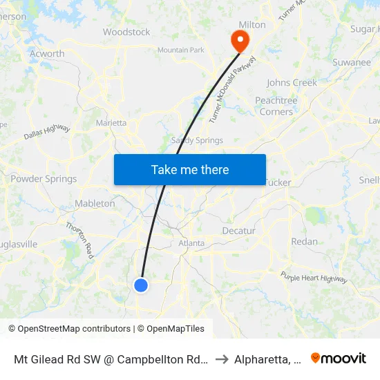 Mt Gilead Rd SW @ Campbellton Rd SW to Alpharetta, GA map