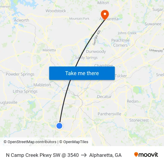 N Camp Creek Pkwy SW @ 3540 to Alpharetta, GA map