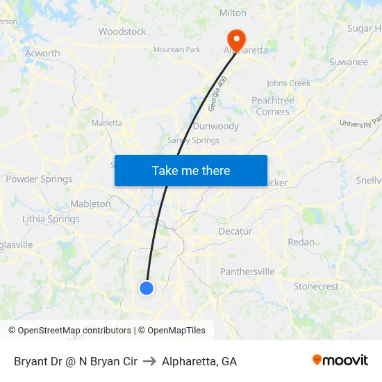 Bryant Dr @ N Bryan Cir to Alpharetta, GA map