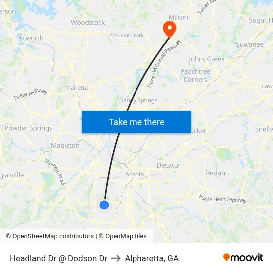 Headland Dr @ Dodson Dr to Alpharetta, GA map