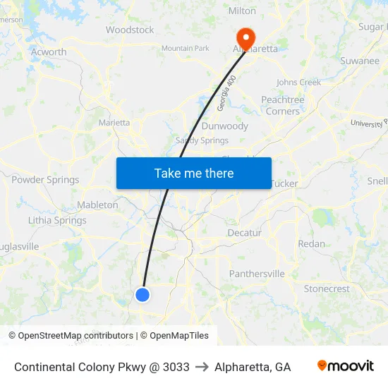 Continental Colony Pkwy @ 3033 to Alpharetta, GA map