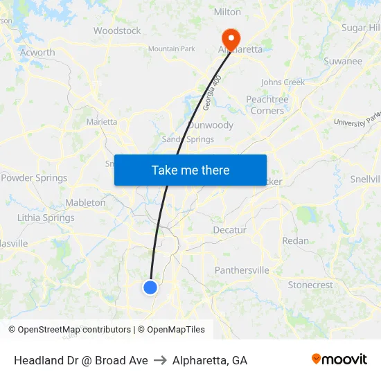 Headland Dr @ Broad Ave to Alpharetta, GA map