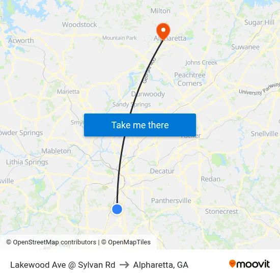 Lakewood Ave @ Sylvan Rd to Alpharetta, GA map