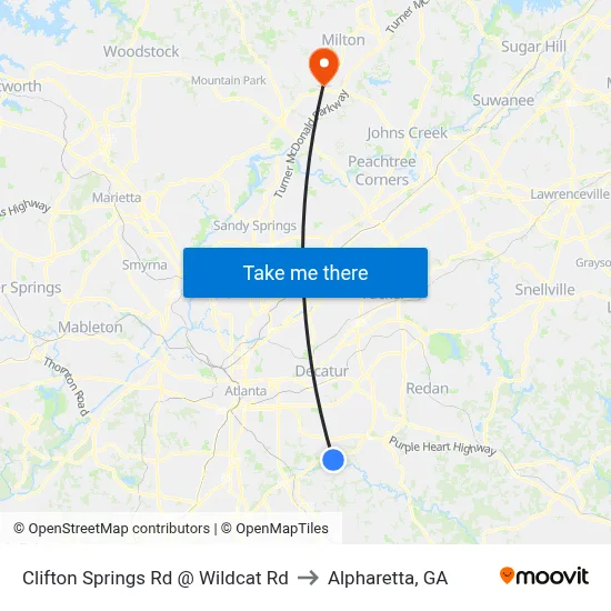 Clifton Springs Rd @ Wildcat Rd to Alpharetta, GA map